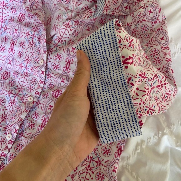 Foxcroft fitted button up blouse 3/4 sleeve size 4 flip cuffs white pink blue - Picture 4 of 11